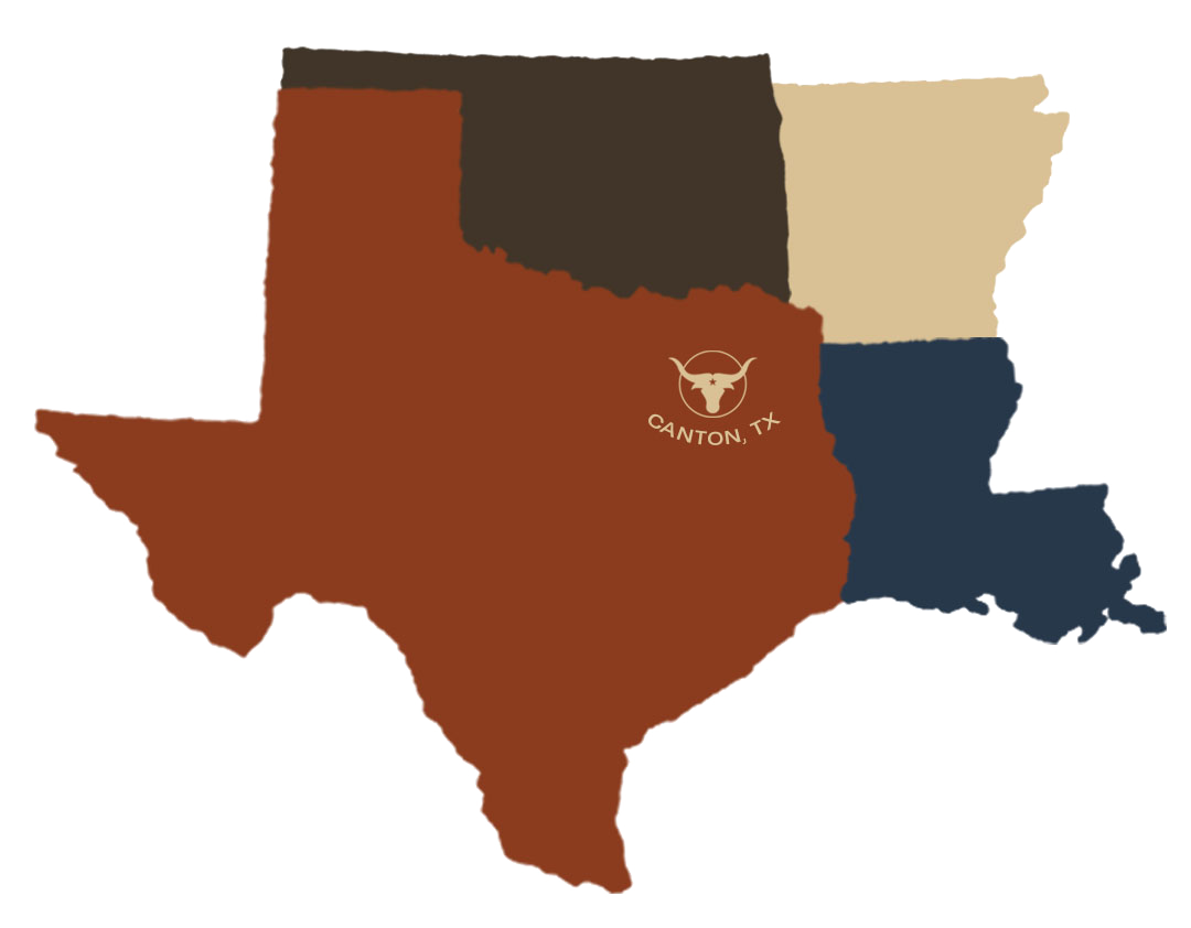 Map of Texas with Big Tex Buildings Logo